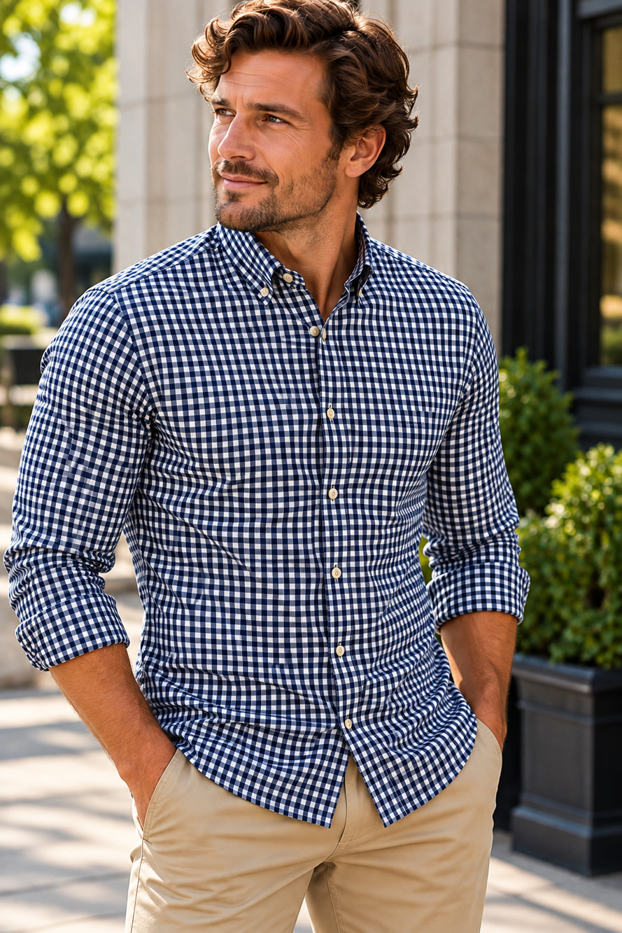 Bar III Carnaby Collection Men's Slim Fit Navy White Gingham Button Down Shirt